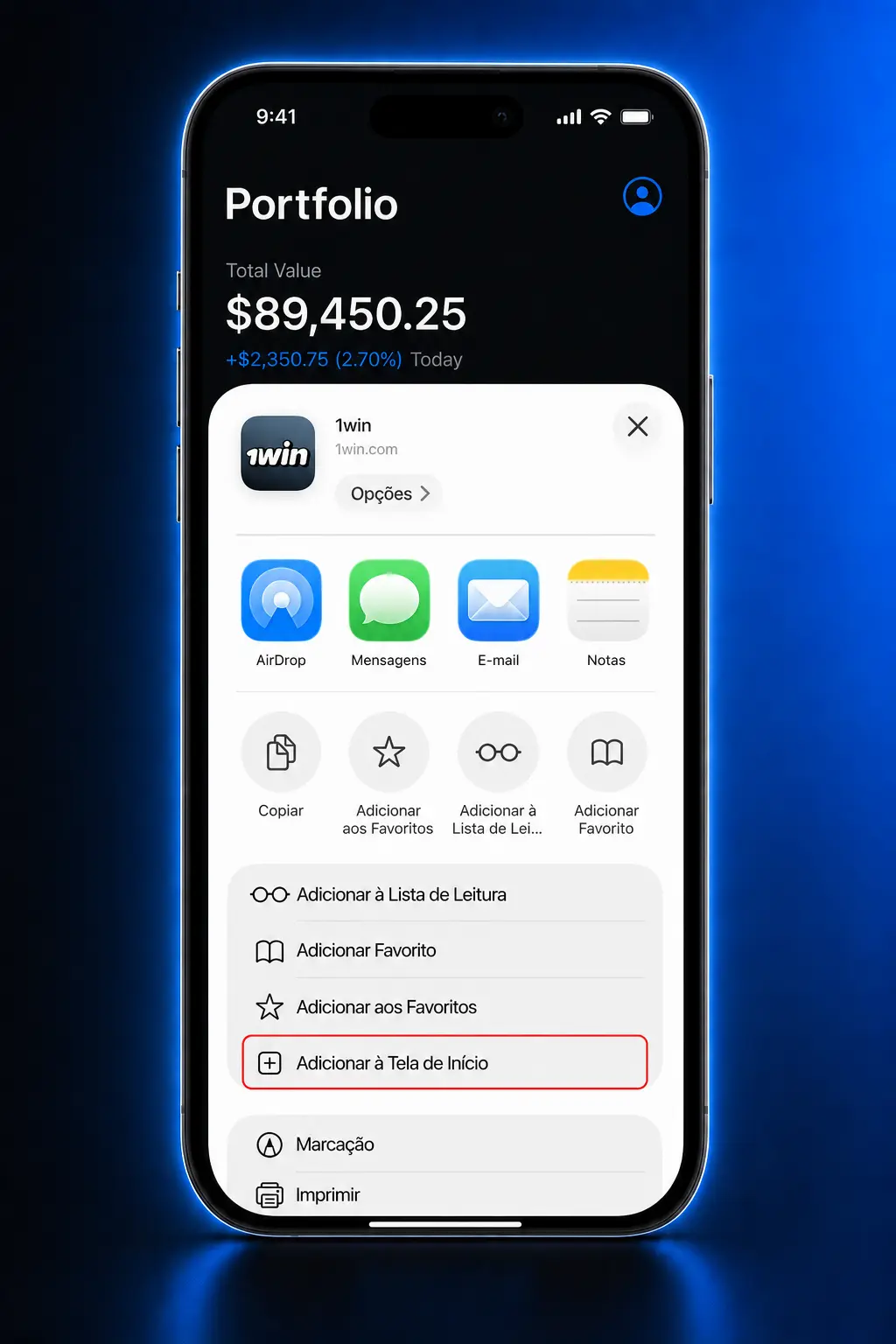Passos para instalar o Aviator no iOS via Safari, adicionando atalho à tela inicial do iPhone ou iPad