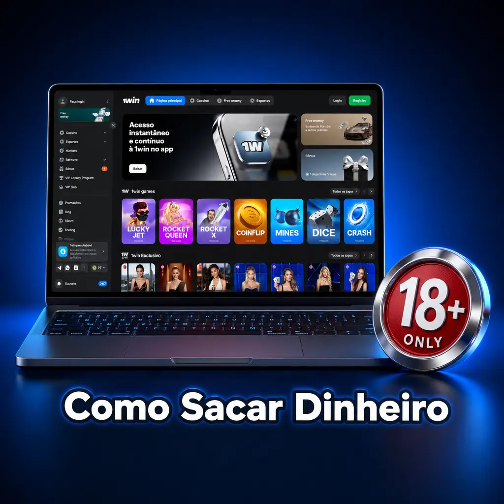 Homem sacando dinheiro no celular pelo aplicativo 1win com opções de Pix e carteira digital visíveis