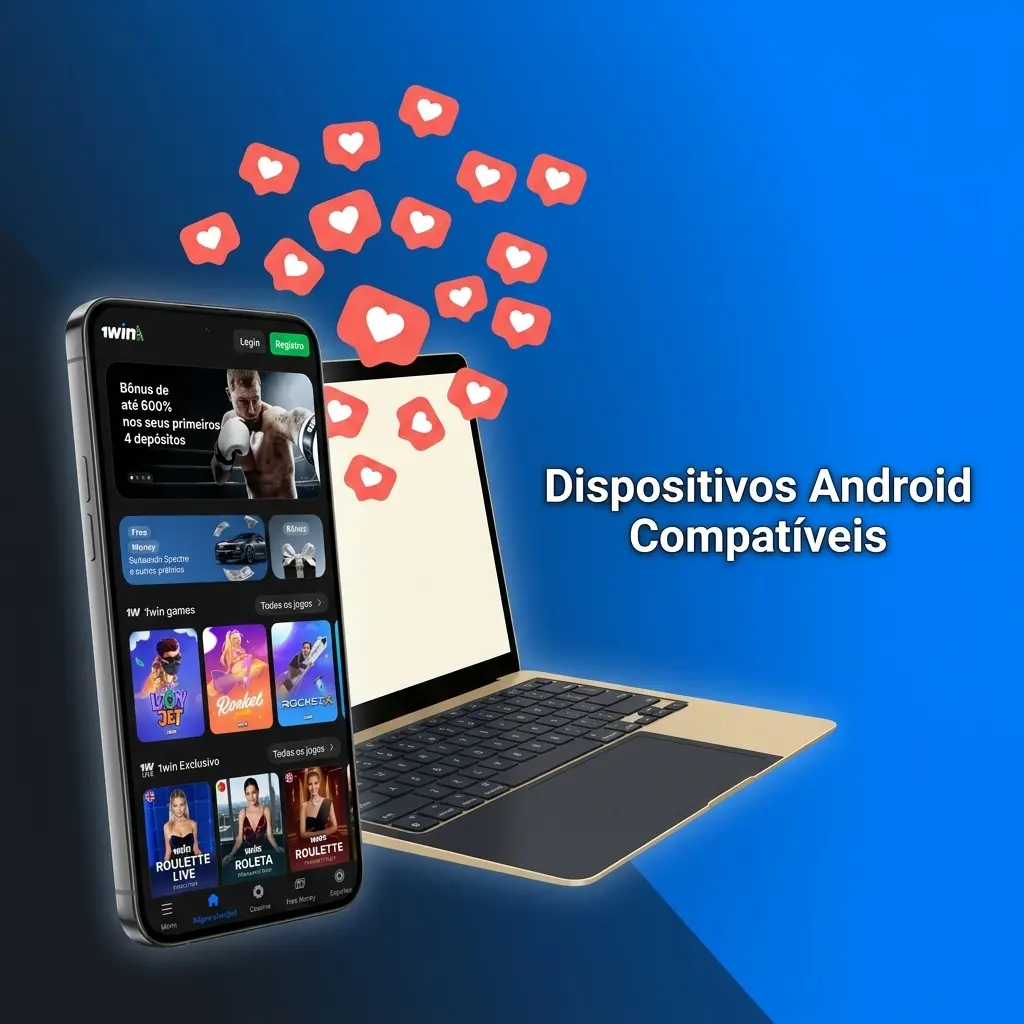 Smartphones Android compatíveis com o aplicativo 1win, incluindo modelos da Samsung, Motorola e Xiaomi.