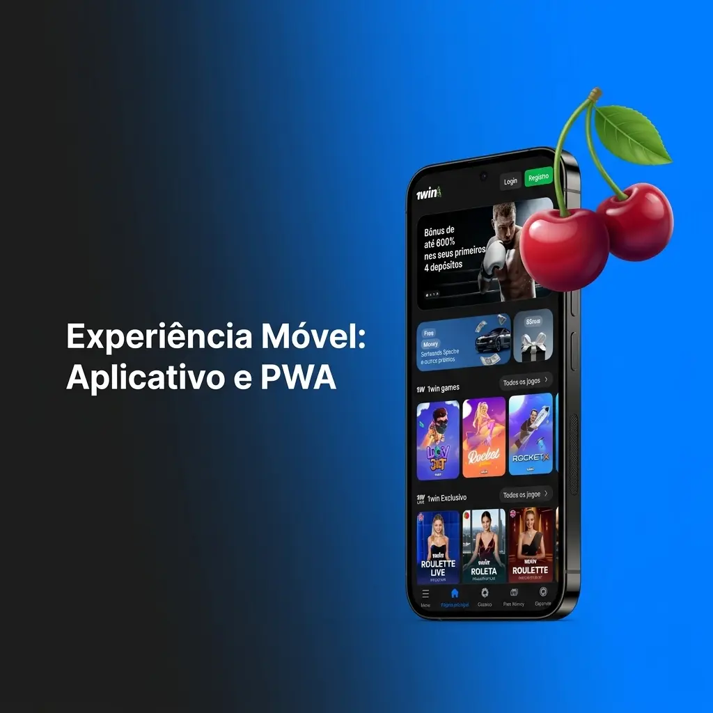 Smartphone exibindo o aplicativo PWA do 1win, com experiência móvel otimizada e economia de dados.