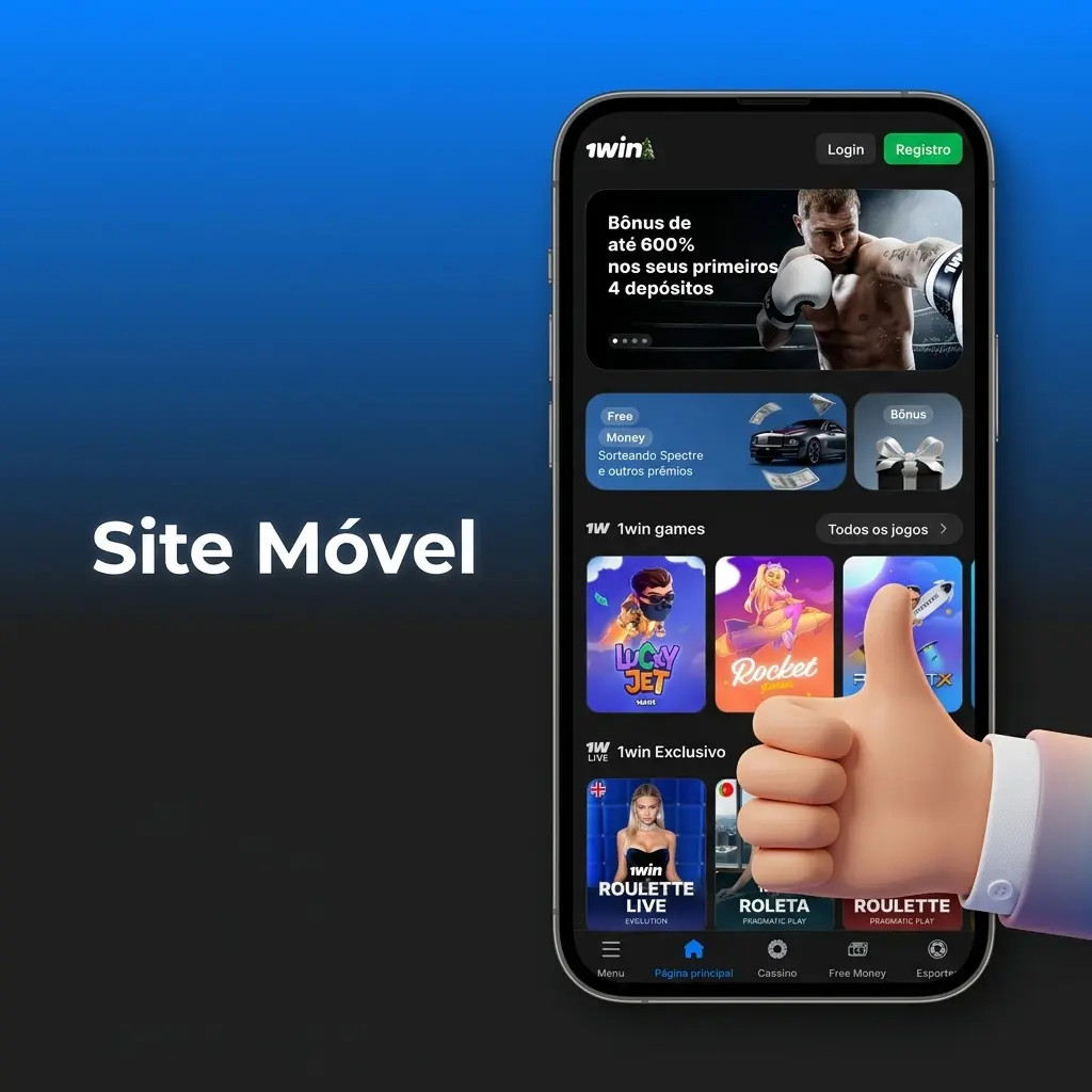 Interface do site móvel da 1win Brasil em um smartphone, com layout responsivo, seguro e navegação fluida.