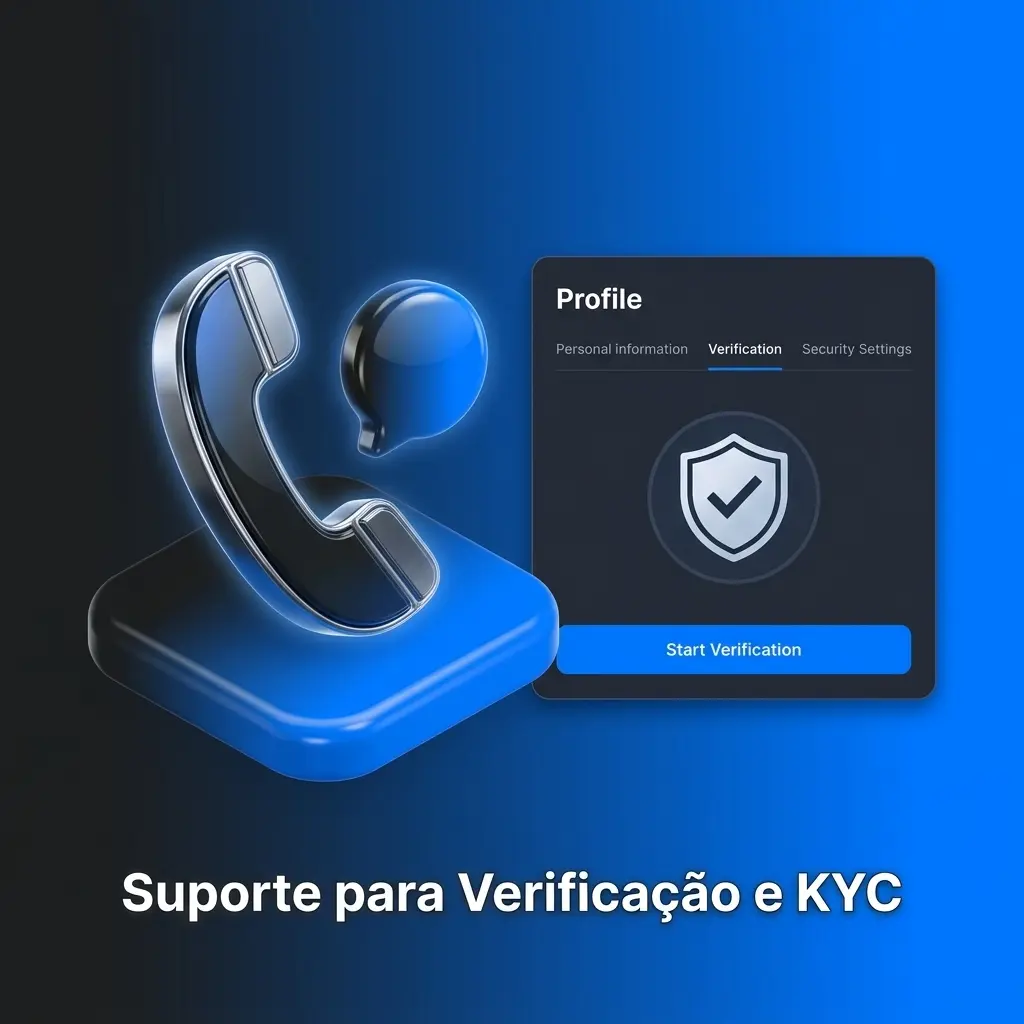 Ilustração de suporte para verificação e KYC, destacando o envio seguro de documentos e a proteção de dados da conta.