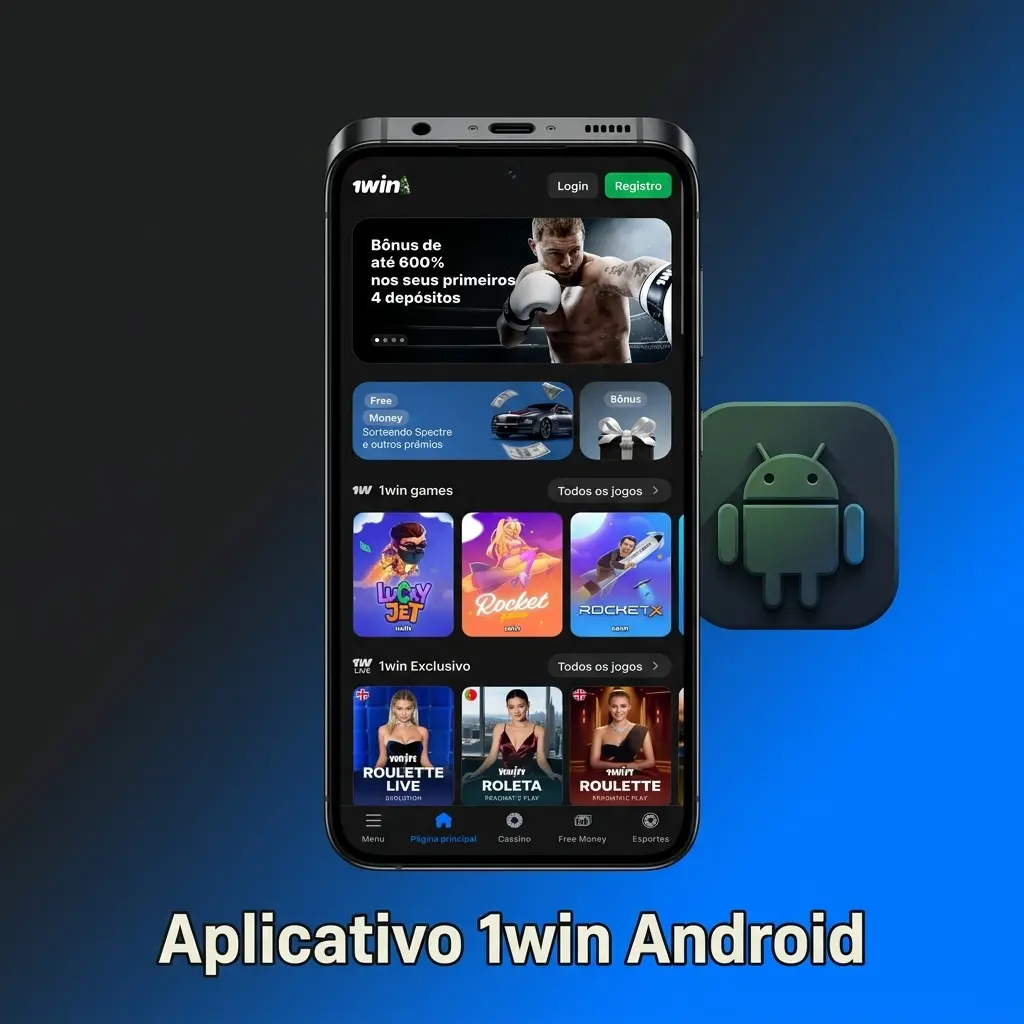 Celular exibindo o aplicativo 1win Android para apostas esportivas e jogos online.