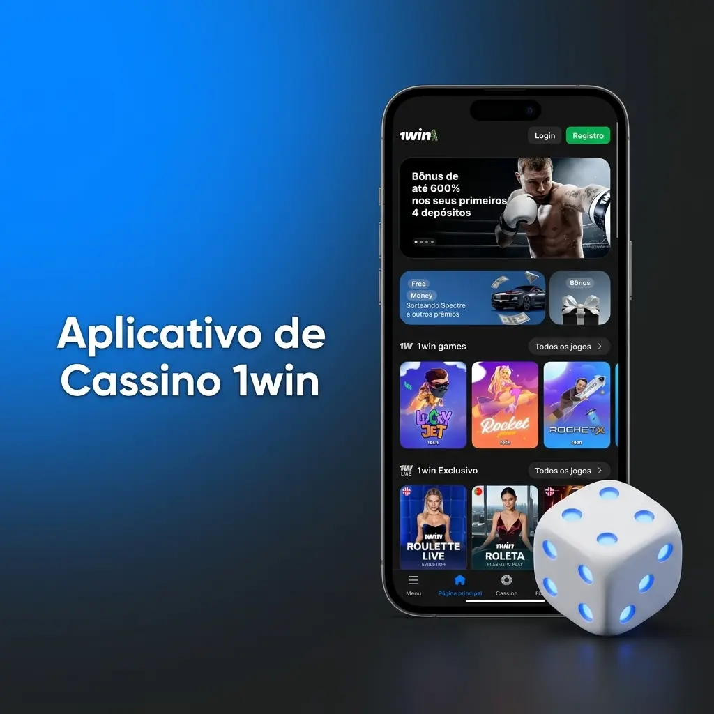 Tela do aplicativo de cassino 1win no celular exibindo caça-níqueis, roleta e opções de jogos ao vivo.