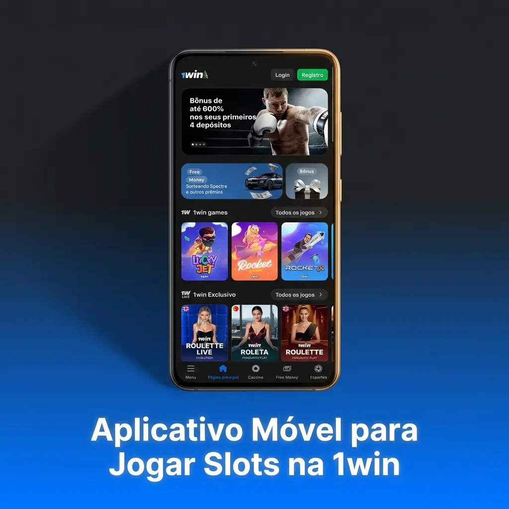 Tela de celular rodando o aplicativo móvel oficial da 1win, destacando a interface prática para jogar slots.