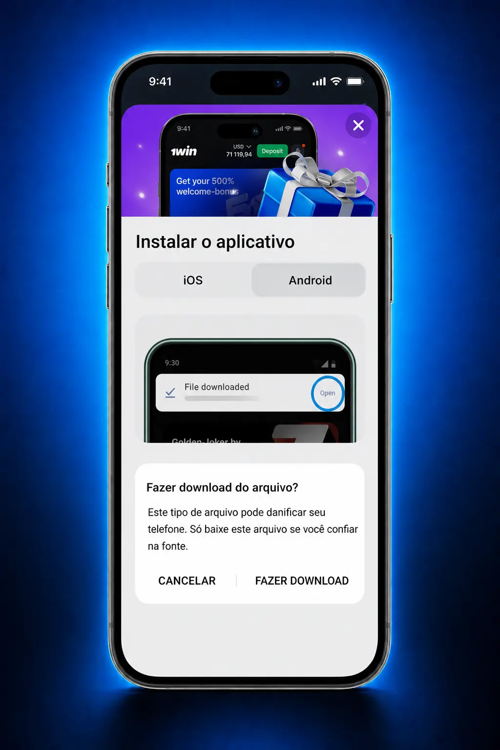 Guia de 4 passos para baixar e instalar o aplicativo 1win APK no Android de forma gratuita e segura