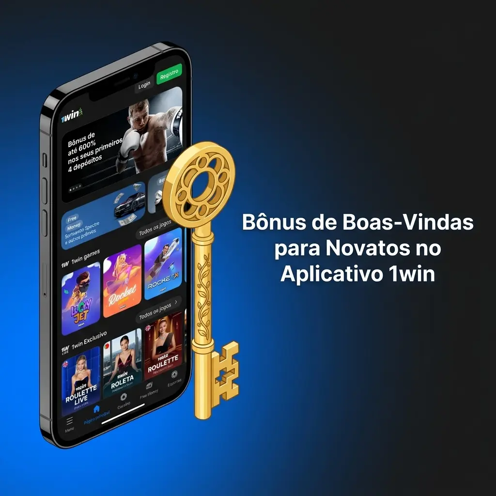 Bônus de boas-vindas no aplicativo 1win para novatos, oferecendo até 150% e 180 giros grátis pelo celular.