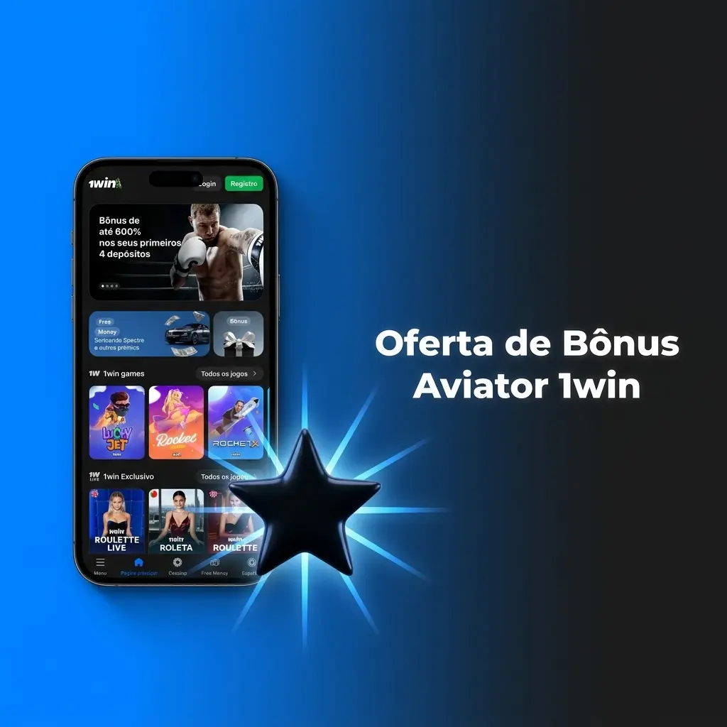 Banner promocional da oferta de bônus Aviator na 1win, destacando pacotes de boas-vindas e giros grátis.