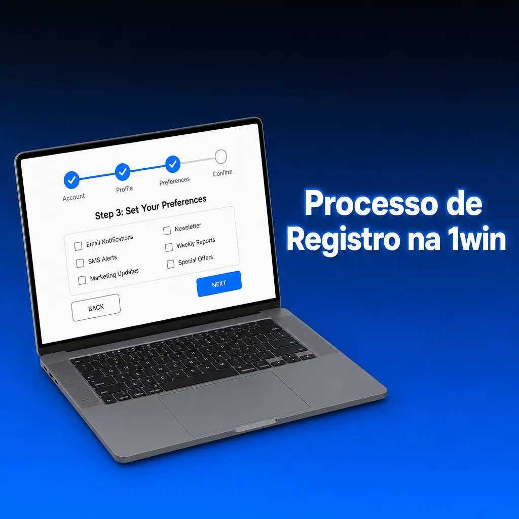 Processo de registro na 1win: etapas de cadastro com botão de confirmação e campo para código de bônus