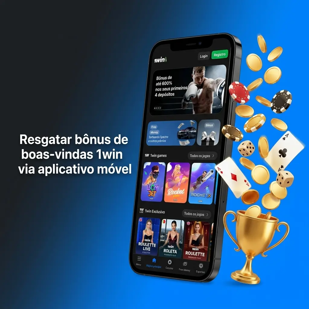Tela de celular exibindo o aplicativo 1win e os passos para resgatar o bônus de boas-vindas.