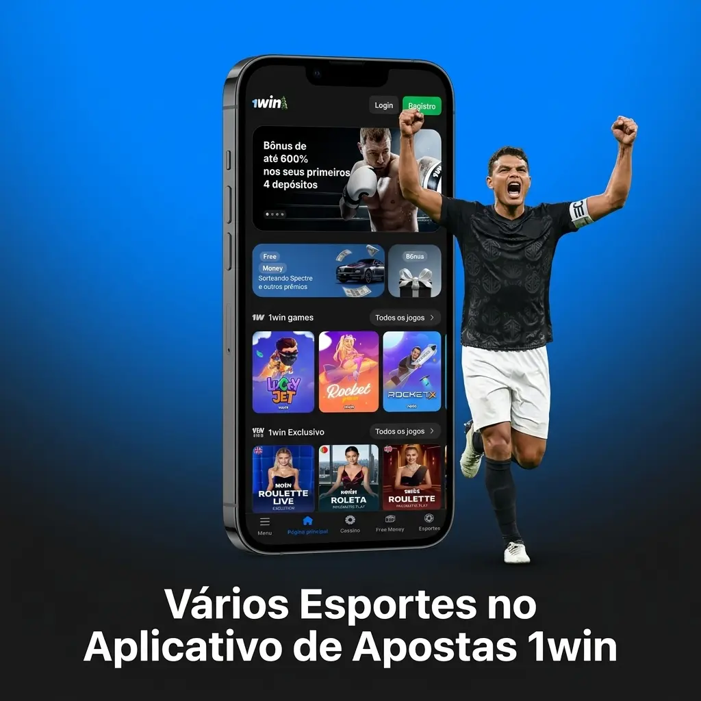 Interface do aplicativo de apostas 1win listando esportes como futebol, basquete e eSports para palpites.