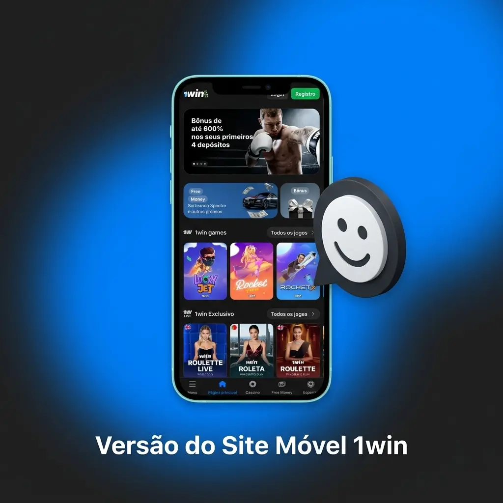 Interface do site móvel da 1win no celular, com opções de jogos online e apostas esportivas via navegador.